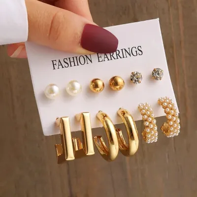 Square Circle Shaped Pearl Earrings Set